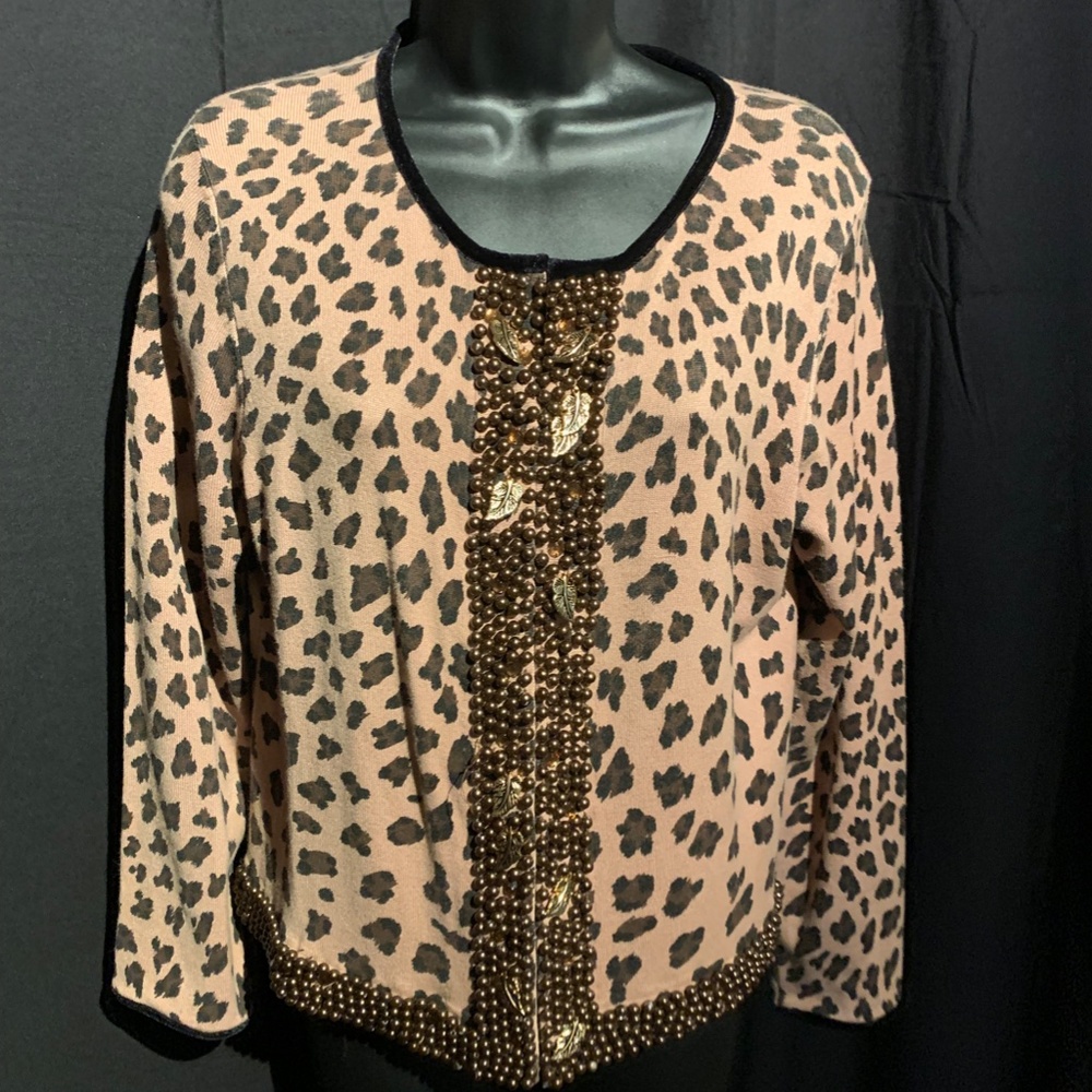 Christine Rotelli Embellished Animal Print Silk/Cotton Sweater, Size M